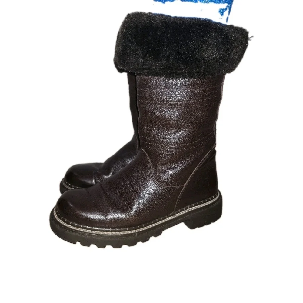 Bass Torino Women's Brown Leather Boots Size 7 M Faux Fur Zip Mid Calf Winter